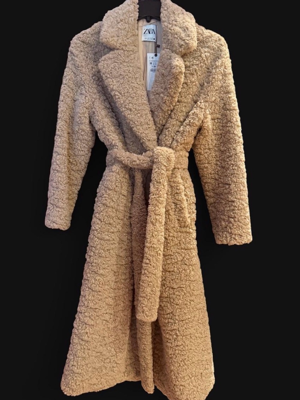 Zara Women's Tan Teddy Belted Long Cape Coat